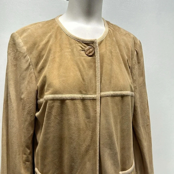 St John Suede Leather Coat Jacket Cashmere Lined Pockets Tan Beige Womens Size 8 - Picture 4 of 11